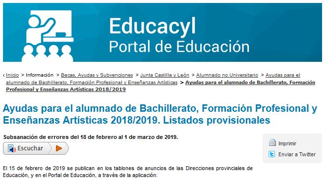 Ayudas para el alumnado de Bachillerato, Formación Profesional y Enseñanzas Artísticas 2018/2019. Listados provisionales