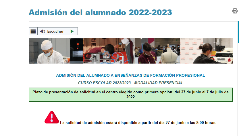 Admisión del alumnado Formación Profesional 2022-2023